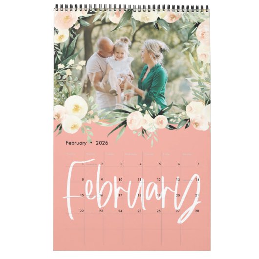 水色モダンフローラフォトスクリプトカレンダー カレンダー (2月 2026)