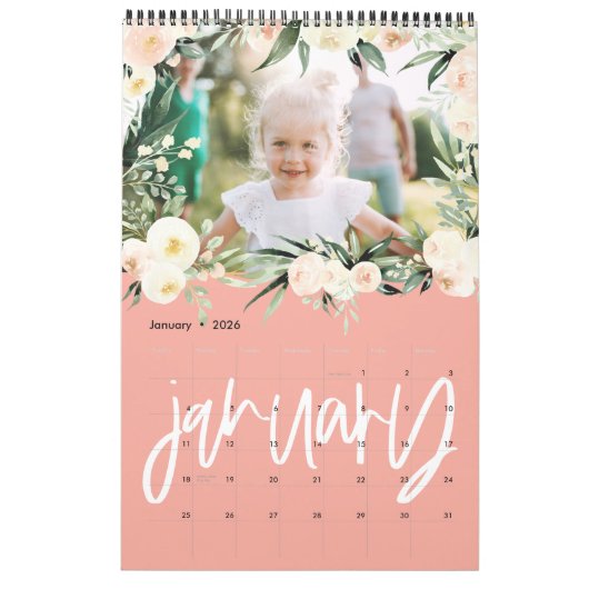 水色モダンフローラフォトスクリプトカレンダー カレンダー (1月 2026)