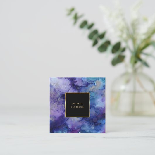 水色モダン青紫色(ばちゃばちゃ)跳ねる金ゴールド枠 スクエア名刺 (スタンド正面)