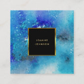 水色モダン青色ティール（緑がかった色）（ばちゃばちゃ）跳ねる金ゴールド枠 スクエア名刺 (正面)