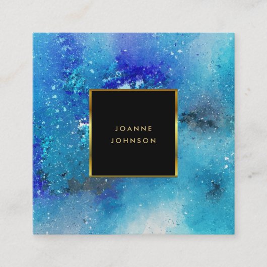 水色モダン青色ティール(緑がかった色)(ばちゃばちゃ)跳ねる金ゴールド枠 スクエア名刺 (正面)