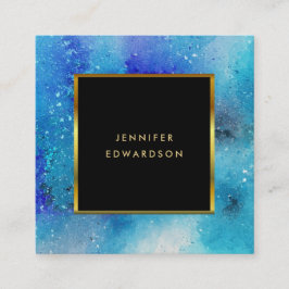 水色モダン青色ティール（緑がかった色）（ばちゃばちゃ）跳ねる金ゴールド枠 スクエア名刺