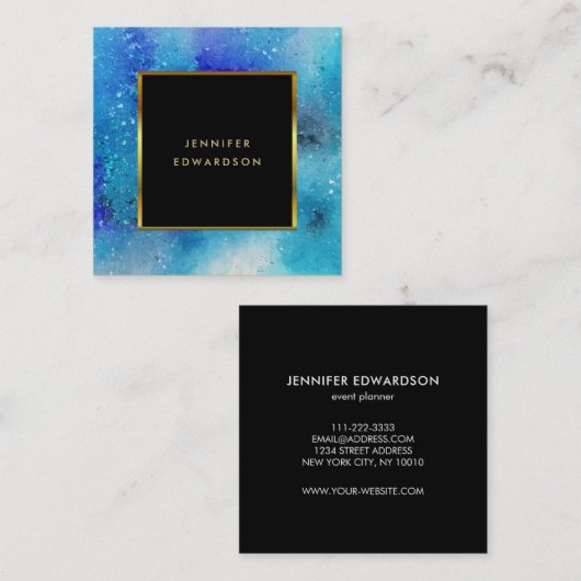 水色モダン青色ティール（緑がかった色）（ばちゃばちゃ）跳ねる金ゴールド枠 スクエア名刺 (正面/裏面)