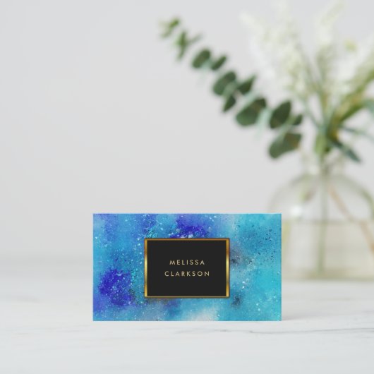 水色モダン青色ティール(緑がかった色)(ばちゃばちゃ)跳ねる金ゴールド枠 名刺 (スタンド正面)