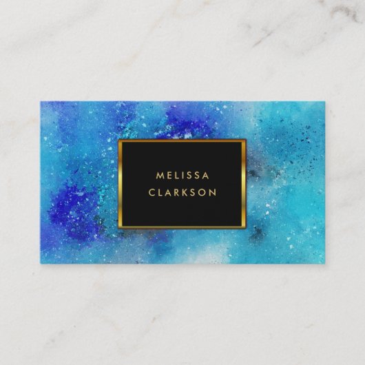 水色モダン青色ティール(緑がかった色)(ばちゃばちゃ)跳ねる金ゴールド枠 名刺 (正面)