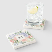 水色モノグラムのブルーピンク春フローラ ストーンコースター (横)