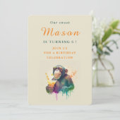 水色モンキー – 誕生日招待状カード 招待状 (スタンド正面)