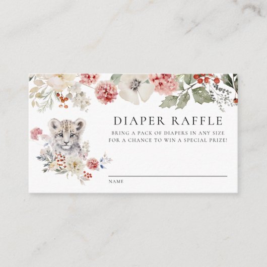 水色ユキヒョウ赤ちゃんシャワーおむつラッフル エンクロージャーカード (正面)