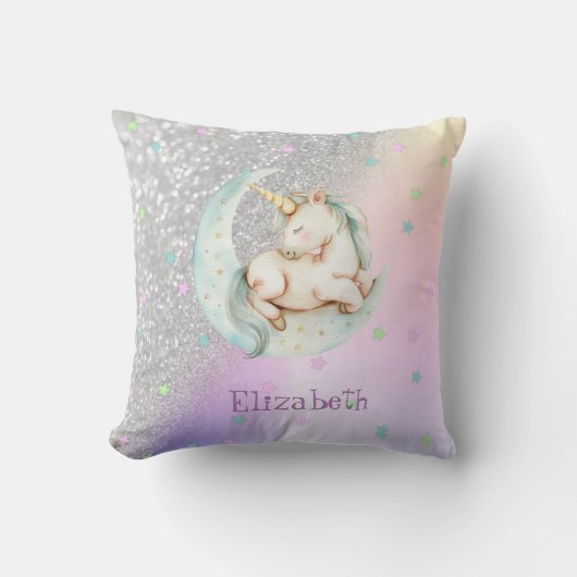 水色ユニコーンムーンスターズ、シルバーグリッター《写真》ぼけ味 クッション (正面)