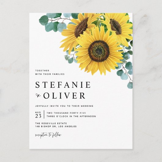 水色ユーカリとヒマワリ結婚ス インビテーションポストカード (正面)