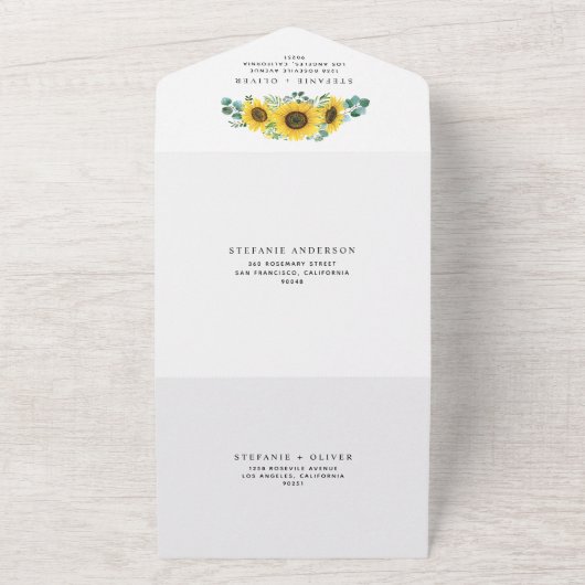 水色ユーカリとヒマワリ結婚ス オールインワン招待状 (外側)