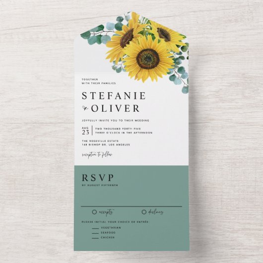 水色ユーカリとヒマワリ結婚ス オールインワン招待状 (内側)