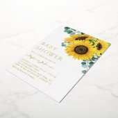 水色ユーカリとヒマワリ赤ちゃんシャワー 箔招待状 (回転した状態)