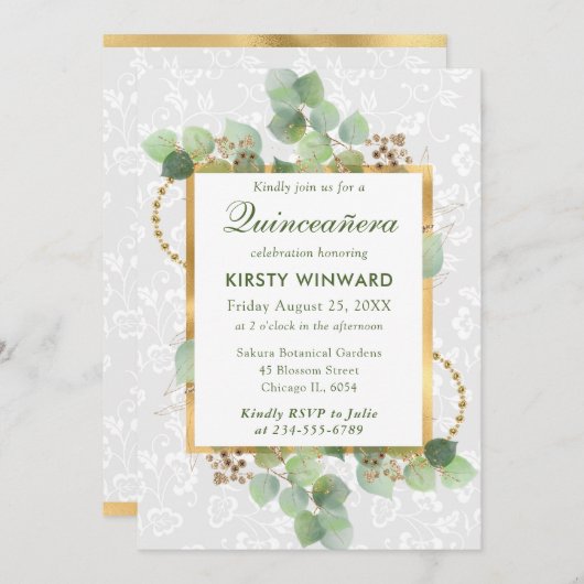 水色ユーカリと緑のキンセアニェラ 招待状 (正面/裏面)