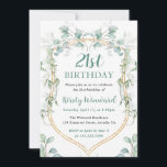 水色ユーカリと金ゴールドフレーム21st誕生日 招待状<br><div class="desc">豪華な水色ユーカリと葉のデザインと金ゴールドグリッターフレームとストライプ背景</div>