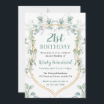 水色ユーカリと金ゴールドフレーム21st誕生日 招待状<br><div class="desc">豪華な水色ユーカリと葉のデザインと金ゴールドグリッターフレームとストライプ背景</div>