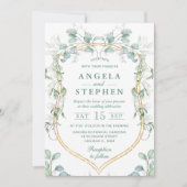 水色ユーカリと金ゴールドフレ結婚ーム 招待状 (正面)