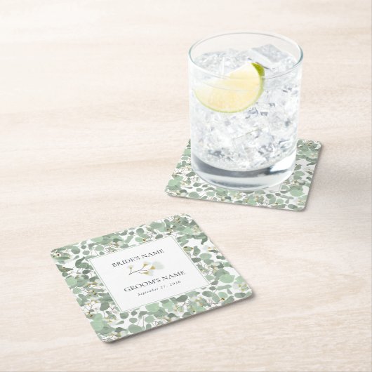 水色ユーカリの緑の結婚花 スクエアペーパーコースター (インサイチュ)