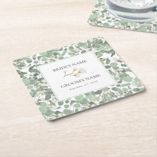 水色ユーカリの緑の結婚花 スクエアペーパーコースター (アングル)