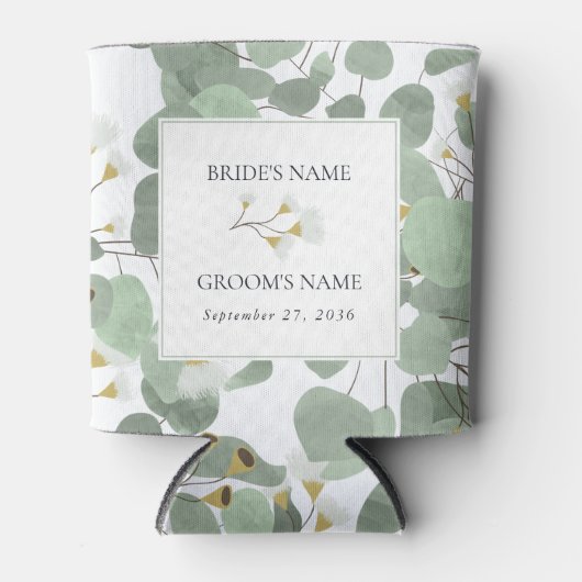 水色ユーカリの緑の結婚花 缶クーラー (正面)