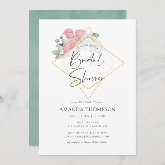 水色ユーカリバラ幾何学ブライダルシャワー 招待状 (正面/裏面)