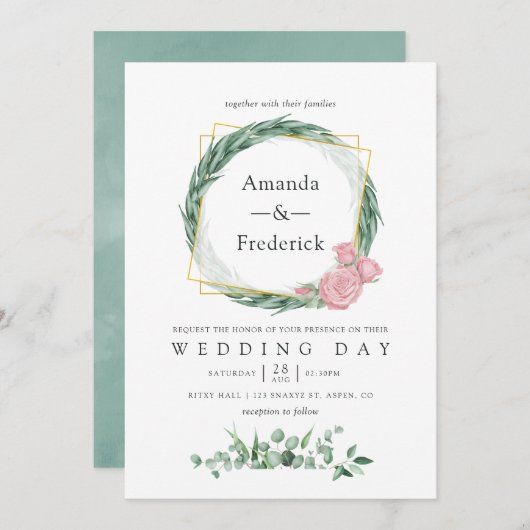 水色ユーカリバラ幾何結婚体 招待状 (正面/裏面)