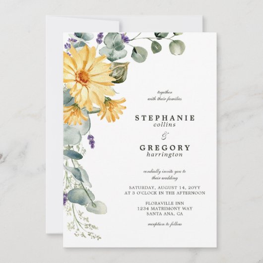 水色ユーカリプトゥスイエローフローラ結婚ズ 招待状 (正面)