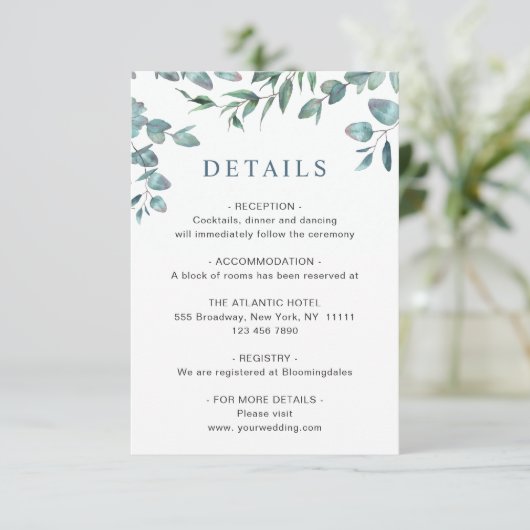 水色ユーカリプトゥスウェディングレセプション詳細 エンクロージャーカード (スタンド正面)