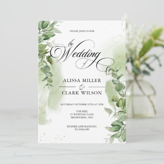 水色ユーカリプトゥスグリーン結婚金ゴールド 招待状 (スタンド正面)