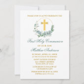 水色ユーカリプトゥスグリーン金ゴールドファーストコミュニオン 招待状 (正面)