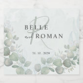 水色ユーカリプトゥスセージ緑モノグラム結婚ズ スパークリングワインラベル (シングルラベル)