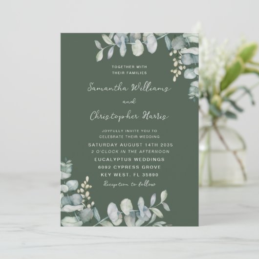 水色ユーカリプトゥスダークセージ結婚グリーン 招待状 (スタンド正面)