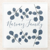 水色ユーカリプトゥスブルー植物手絵を描 ガラスコースター (正面)