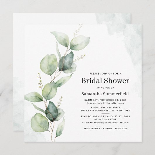 水色ユーカリプトゥスミニマリストブライダルシャワー 招待状 (正面/裏面)