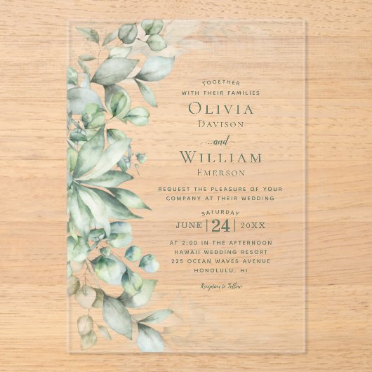 水色ユーカリプトゥスモノグラムセージ結婚グリーン アクリル招待状 (正面)