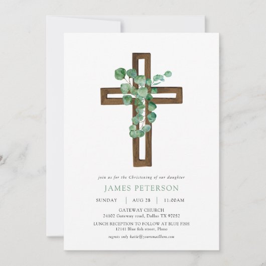 水色ユーカリモダンクロス《キリスト教》洗礼式や命名式 招待状 (正面)
