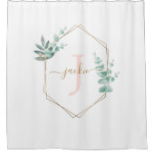 水色ユーカリモノグラムの枠 シャワーカーテン (正面)