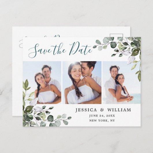 水色ユーカリ写真ウェディング日付を保存 案内ポストカード (正面/裏面)