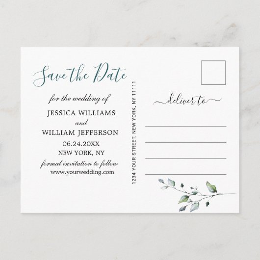 水色ユーカリ写真ウェディング日付を保存 案内ポストカード (裏面)