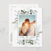 水色ユーカリ写真ウェディング日付を保存 案内ポストカード (正面/裏面)