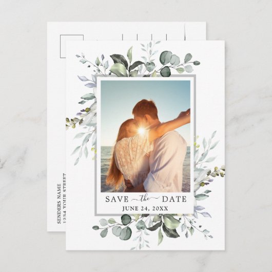 水色ユーカリ写真ウェディング日付を保存 案内ポストカード (正面/裏面)