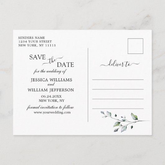 水色ユーカリ写真ウェディング日付を保存 案内ポストカード (裏面)