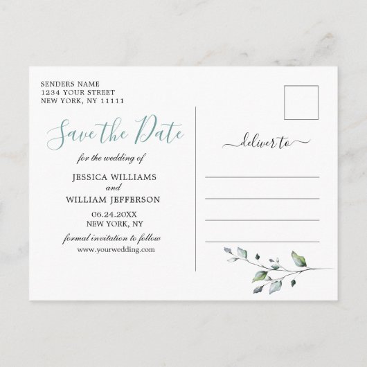 水色ユーカリ写真ウェディング日付を保存 案内ポストカード (裏面)