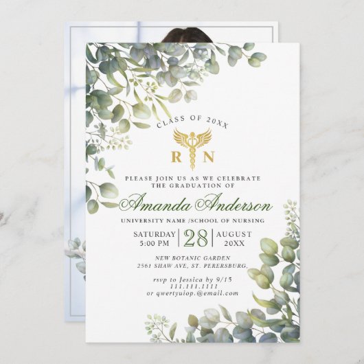 水色ユーカリ写真看護の卒業 招待状 (正面/裏面)
