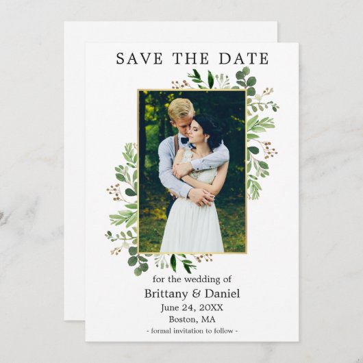 水色ユーカリ写真金ゴールド枠 セーブザデート (正面/裏面)