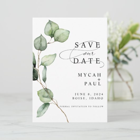 水色ユーカリ写真Save the Date Card 招待状 (スタンド正面)