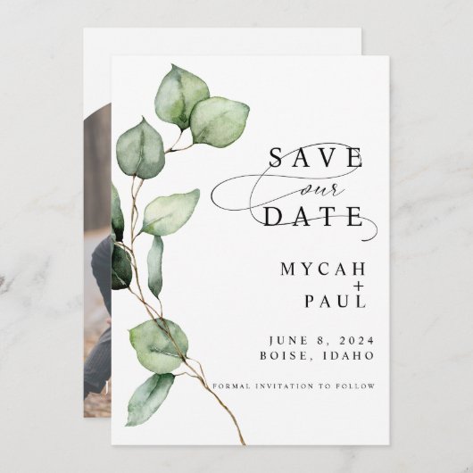 水色ユーカリ写真Save the Date Card 招待状 (正面/裏面)