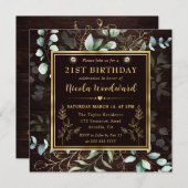 水色ユーカリ及び金ゴールドフレーム誕生日 招待状 (正面/裏面)