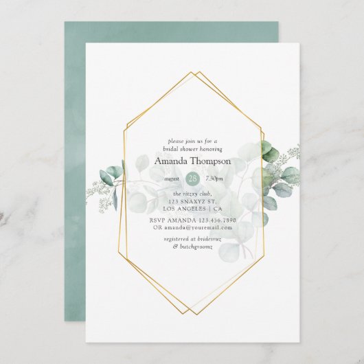 水色ユーカリ幾何学ブライダルシャワー 招待状 (正面/裏面)
