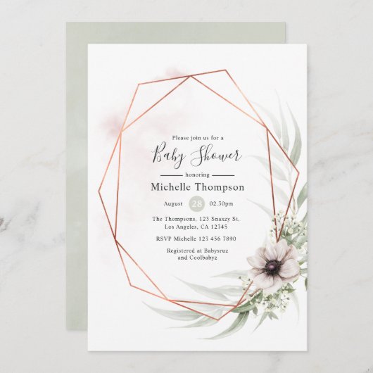 水色ユーカリ幾何学的ベビーシャワー 招待状 (正面/裏面)